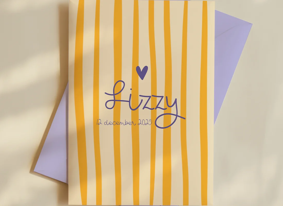 Geboortekaartje streepjes geel hoogglans Lizzy