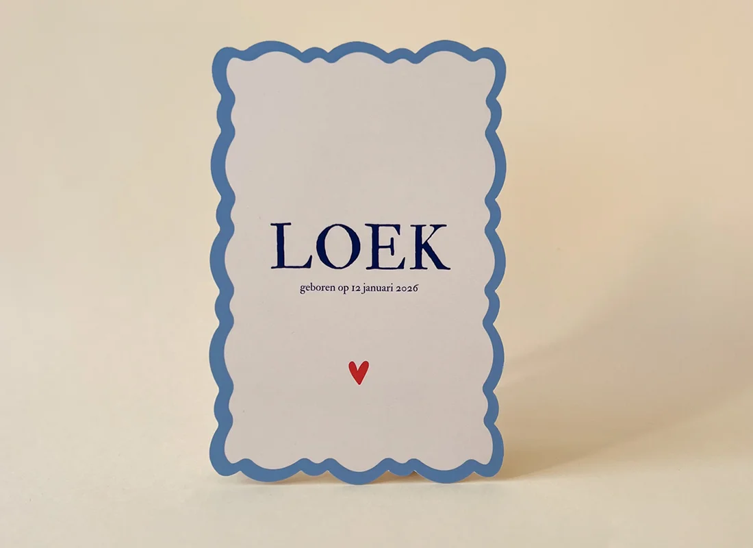 Geboortekaartje boogjesrand beige blauw Loek