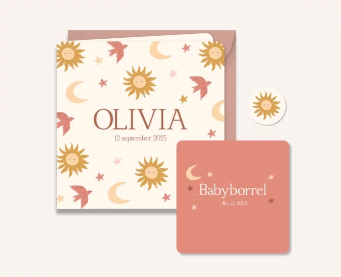 Geboortekaartje zonnetje vogel maantje oudroze envelop Olivia